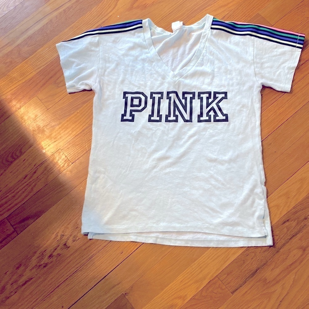 Victoria secret light blue tee w- rainbow stripe